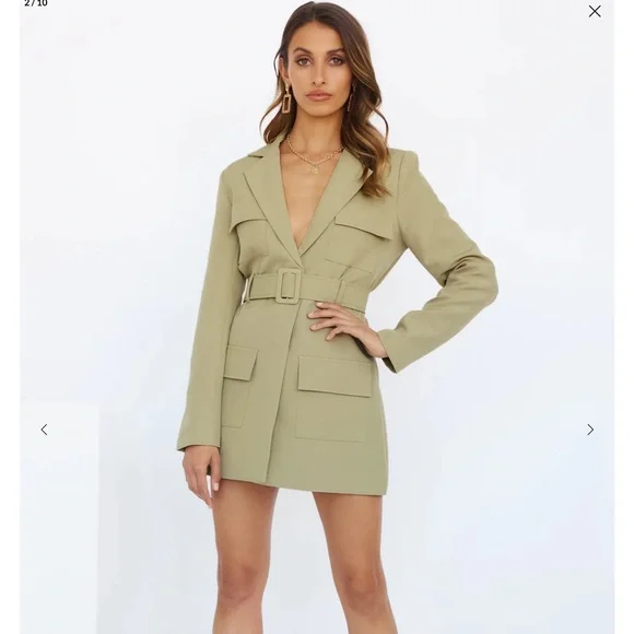 Lioness Steinway v neck blazer mini dress with tie in sage green - Picture 2 of 7